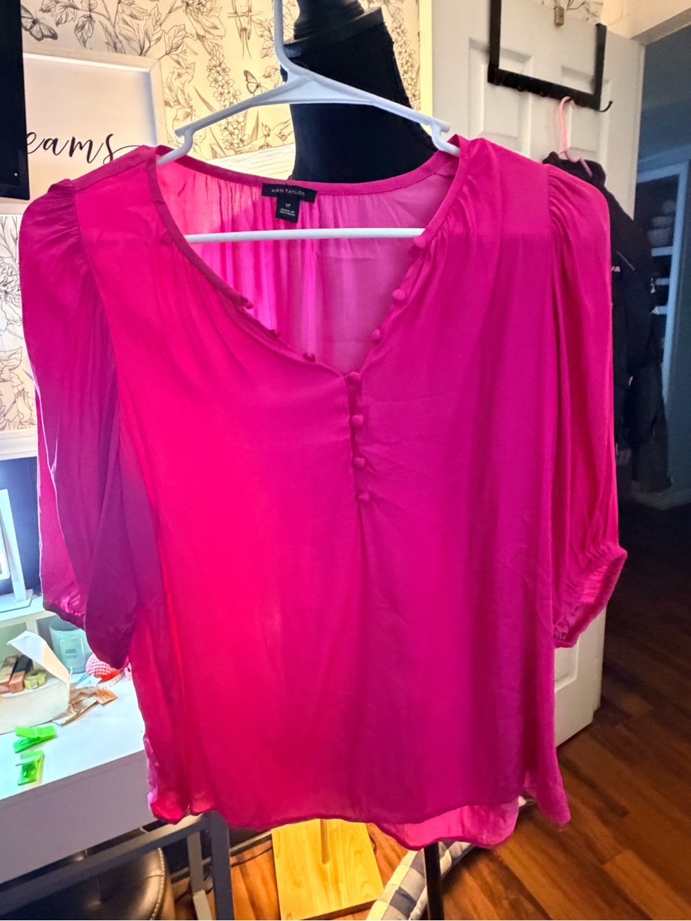 Ann Taylor Vibrant Fuchsia V-Neck Button Blouse
